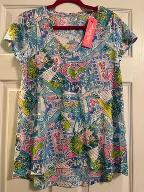 Lilly Pulitzer Blue Multi-Print V-Neck Short Sleeve Top